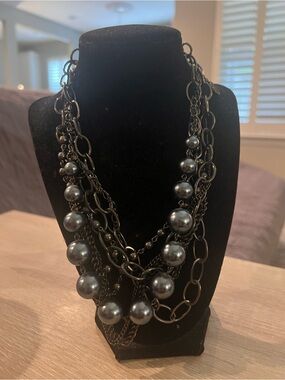 Statement Multi-Strand Gray Bead Chain Necklace